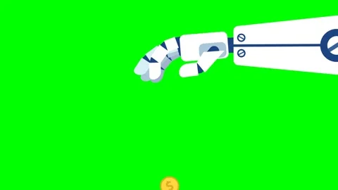 Robot throws a coin, it falls. Hand saving coin. Robot arm putting golden money Stock Footage 276544629