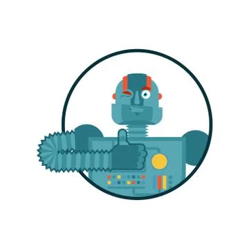 Robot thumbs up and winks. Cyborg happy emoji. Robotic man Vector illustratio Ilustración de archivo