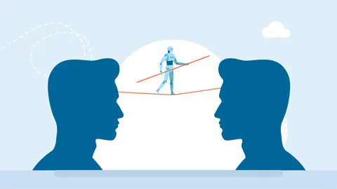 Robot tightrope walker walks with stick between silhouettes of two men's heads Stock Footage 314819494