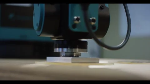 Robot Tool Changer Touching Aluminum Sample Plate, Extreme Macro Low Angle Stock Footage 341298592