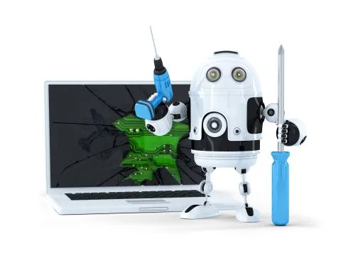 Robot with tools and broken laptop Stock Illustration