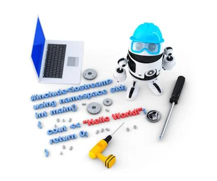 Robot with tools and program source code. Technology concept. Isolated. Stockillustratie