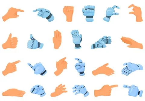 Robot touch human icons set cartoon vector. Cyborg finger Stock Illustration