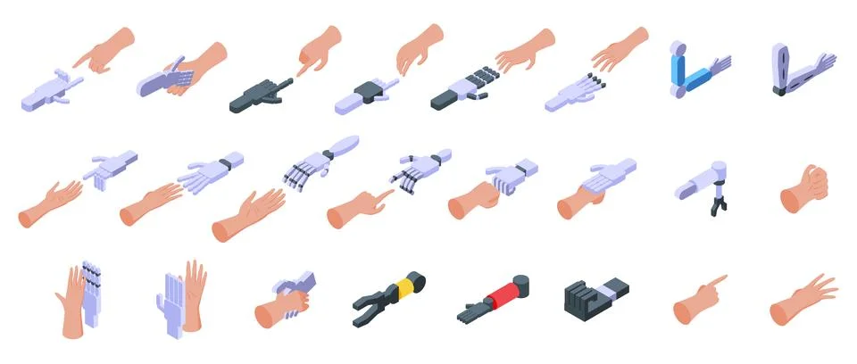 Robot touch human icons set isometric vector. People future science Stock Illustration