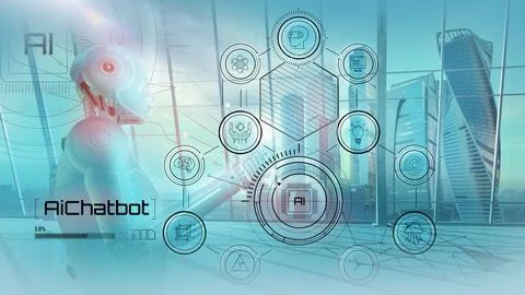 The robot touches the digital interface and learns new skills. 스톡 일러스트