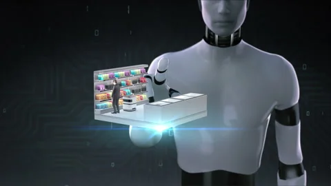 Robot touches smart store that by robot, deliver goods auto and pay. 4k Stock Footage 164840474