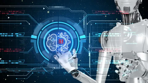 Robot touching AI artificial intelligence icon in HUD UI display screen. Stock Footage 235739357