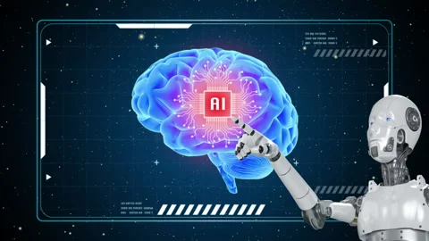 Robot touching AI icon in glowing brain on virtual background. Stock Footage 237353950