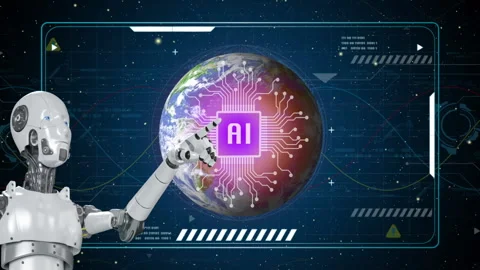 Robot touching AI icon in glowing brain on virtual background. Stock Footage 237353952
