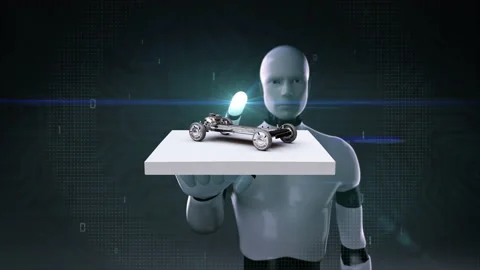Robot touching autonomous driving electric battery car frame on a square, 4k. Stock Footage 143449820