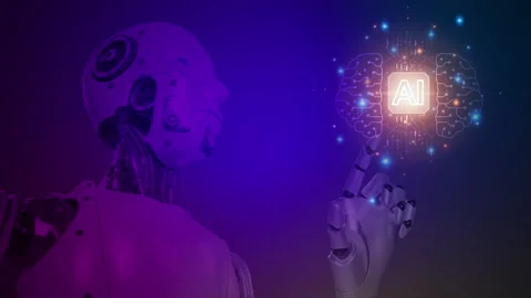 Robot touching brain with AI icon provide access information. Stock Footage 238661874