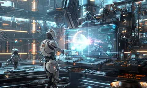 A Robot Touching Computer Screen Stock Footage 294669727