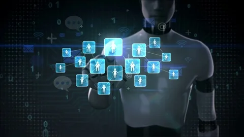 Robot touching connect people, using social network service, communication Stock Footage 71784139