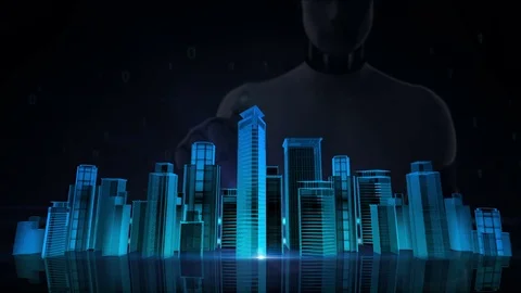Robot touching Construction building city skyline, neon blue x-ray image. Video stock 71166408
