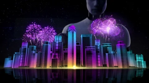 Robot, touching Construction building city. nighttime fireworks festival. neon. Stock Footage 72024719