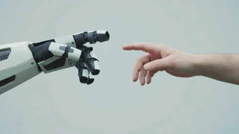 Robot touching with fingers human hand. Electronic, invention, tehchnology Stock Footage 196219808