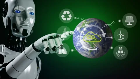 Robot touching global earth with icons in co2 environmental concept. Stock-Footage 238966085