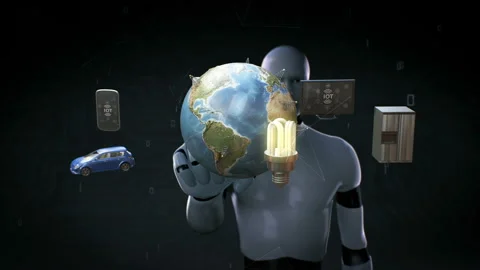 Robot touching Global earth network connecting mobile, smart home devices, 4k.1. Stock Footage 97159420