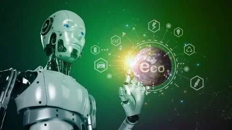 Robot touching global with ECO icon, eco friendly protecting environmental world Stock Footage 238966093