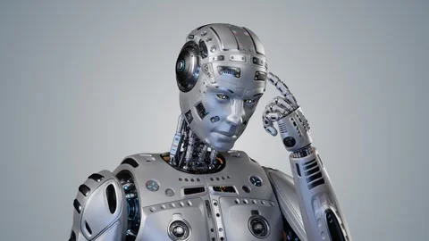 Robot touching head on bright background Stock Footage 257186020