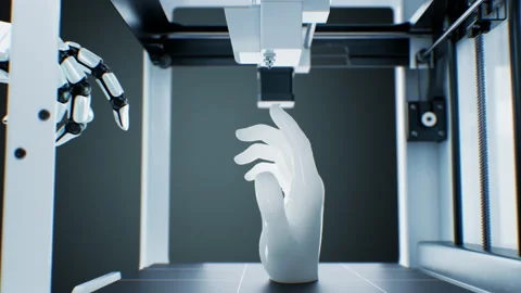 Robot Touching Printed Human Hand in 3d Printer. Abstract Machine Contact Video stock 220290457