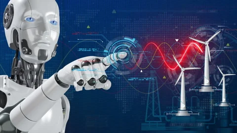 Robot touching technology circle for start wind turbine working. 스톡 동영상 235739331