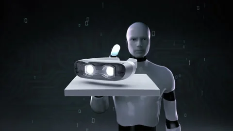 Robot touching virtual reality glasses on a square, Augmented reality, 4k .1. Stock Footage 142129637