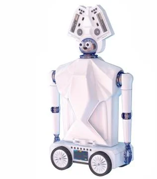 Robot toy on wheels for kid. White plastic robotic device. Stock Illustration
