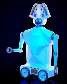 Robot toy on wheels for kid. White plastic robotic device. Stock Illustration