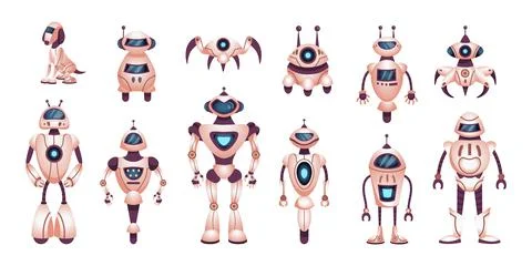 Robot toys. Funny android different characters, cute ai technology assistant, Ilustración de archivo