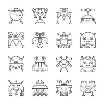 Robot Transformer line icon set editable stroke Stock Illustration