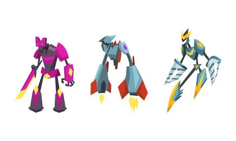 Robot Transformers Set, Powerful Robots, Fantasy Cyborg Soldier Cartoon Vector Stock Illustration