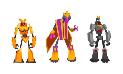 Robot Transformers Set, Powerful Robots, Fantasy Cyborg Soldier or Superheroes Stock Illustration