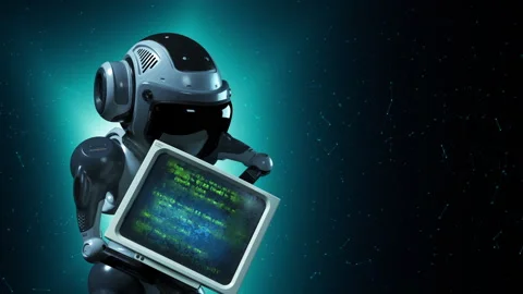 The robot is trying to find something useful in the old PS Stock Footage 254469279