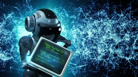 The robot is trying to find something useful in the old PS Stock Footage 254469306