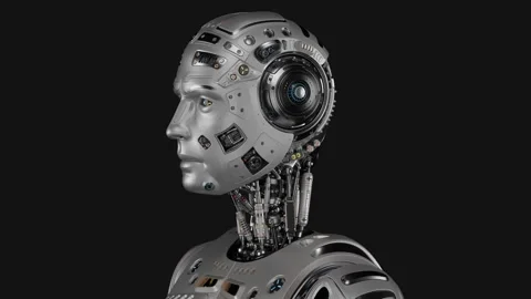 Robot turnaround on black Video stock 257183290