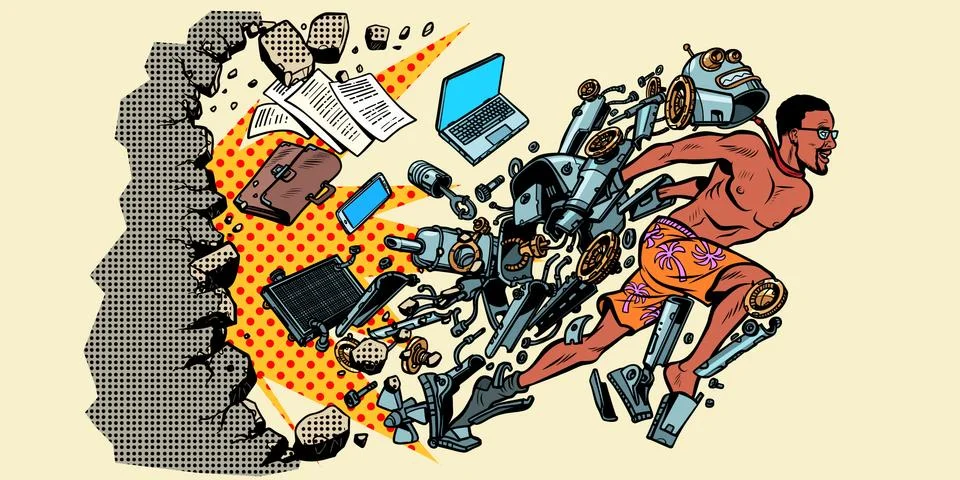 The robot turns into a human, artificial intelligence. afro american breaking Stock Illustration