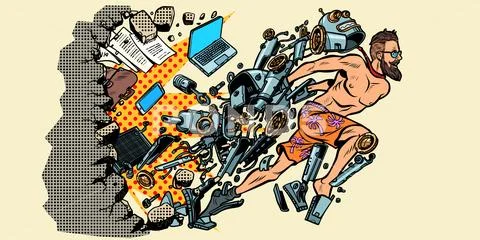 The robot turns into a human, artificial intelligence breaking the wall of Stock Illustration
