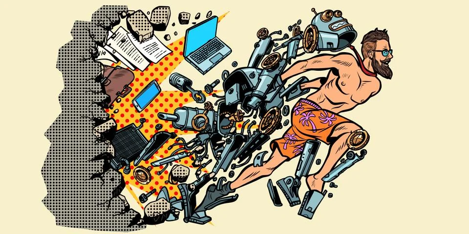 The robot turns into a human, artificial intelligence breaking the wall of Stock Illustration