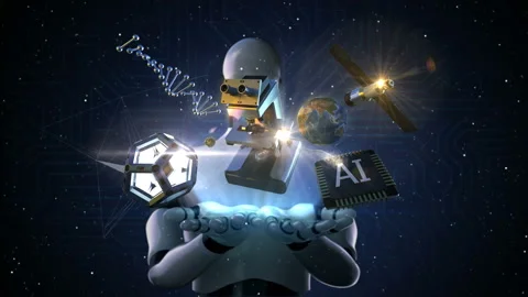 Robot two palms, cience of the future, Develop artificial intelligence, 4k.1. Video stock 112112025