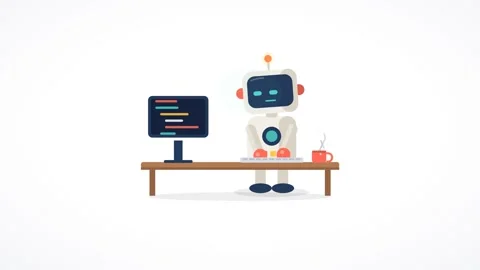 Robot typing on a computer at a desk seamless loop Stock Footage 347652341