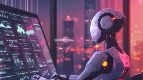 A Robot Typing into a Computer, Office Building, Close Up Shot Stock Footage 294665963