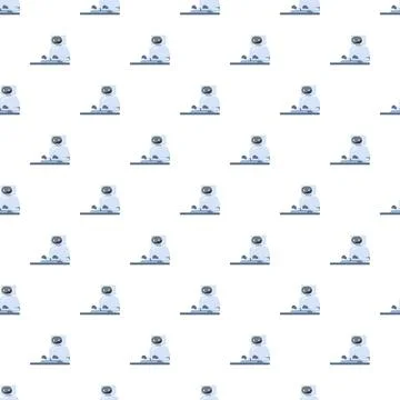 Robot typing at desk creating seamless pattern background Stock Illustration