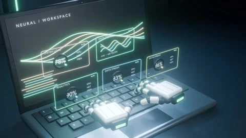 A robot is typing on a laptop data analysis person code bg able to loop endless Stock Footage 347052401