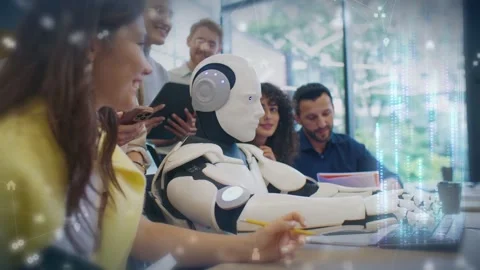 Robot typing rapidly on keyboard while team of coworkers watching in bright Stock Footage 322528217
