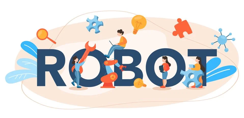 Robot typographic header. Robotic engineering and constructing Stock Illustration