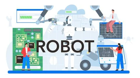 Robot typographic header. Robotic engineering and constructing. Stock Illustration