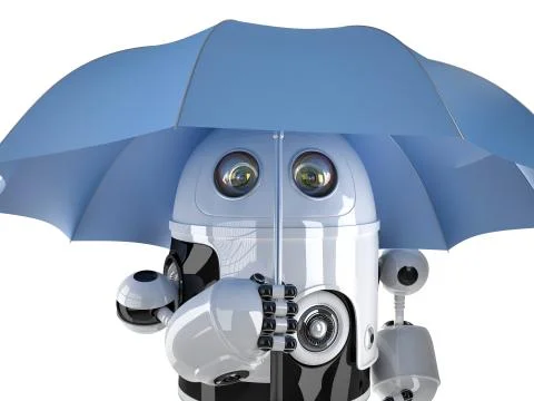 Robot with umbrella. Technology concept. Contains clipping path Stock Illustration