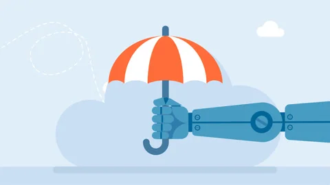 Robot with umbrella which protects from collision, damage. AI Hand with umbrella Stock Footage 323009254