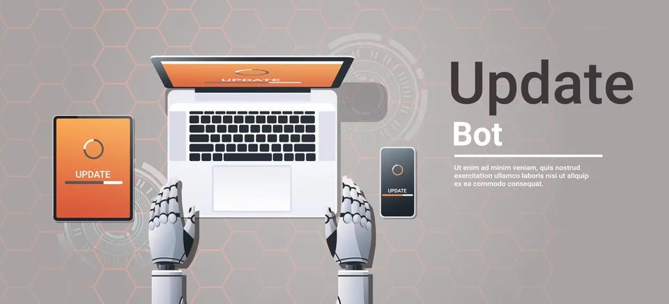 Robot updating digital devices software installation new system update bot Stock Illustration